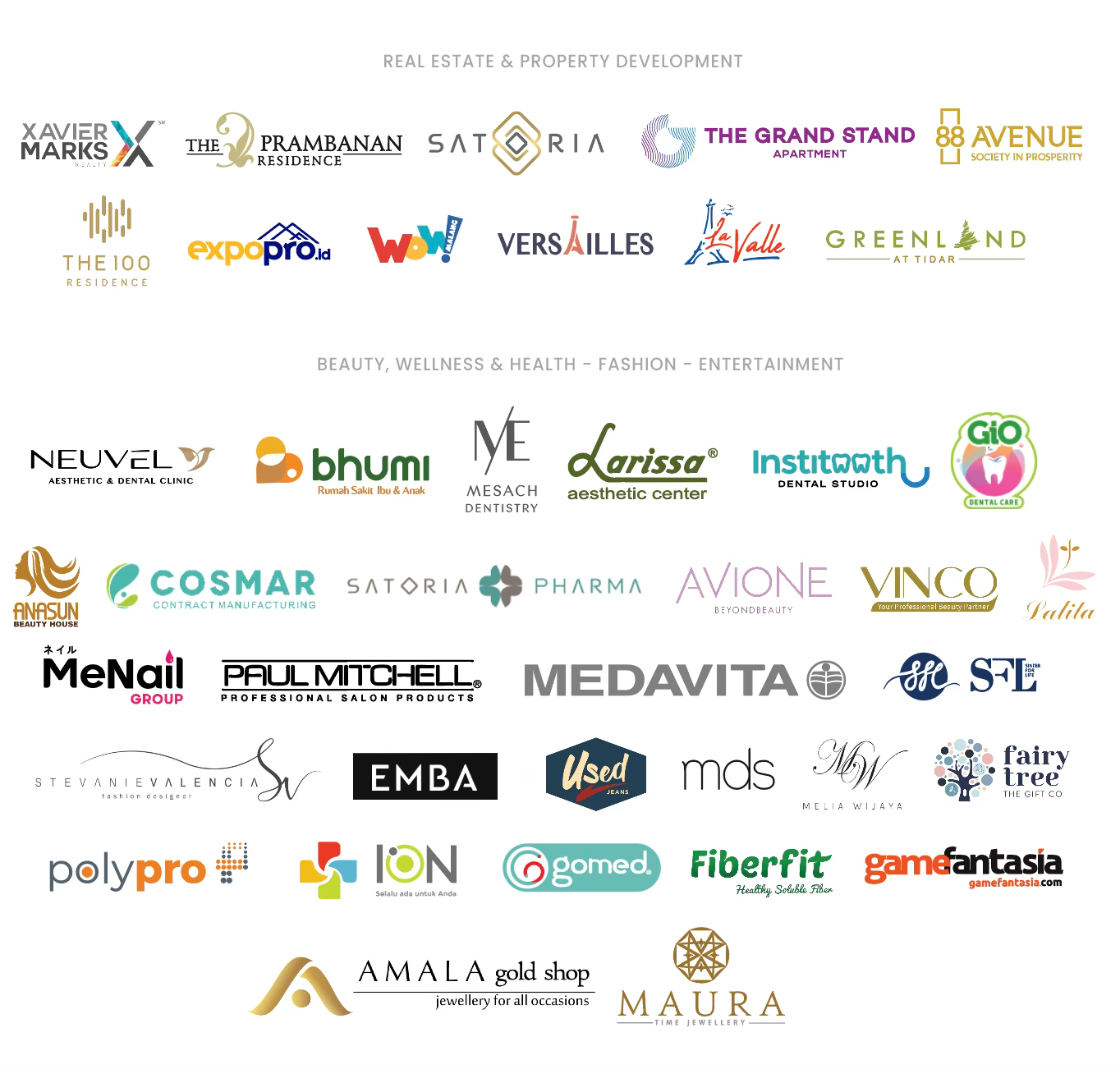 Client logos: property, beauty, wellness, fashion and entertainment