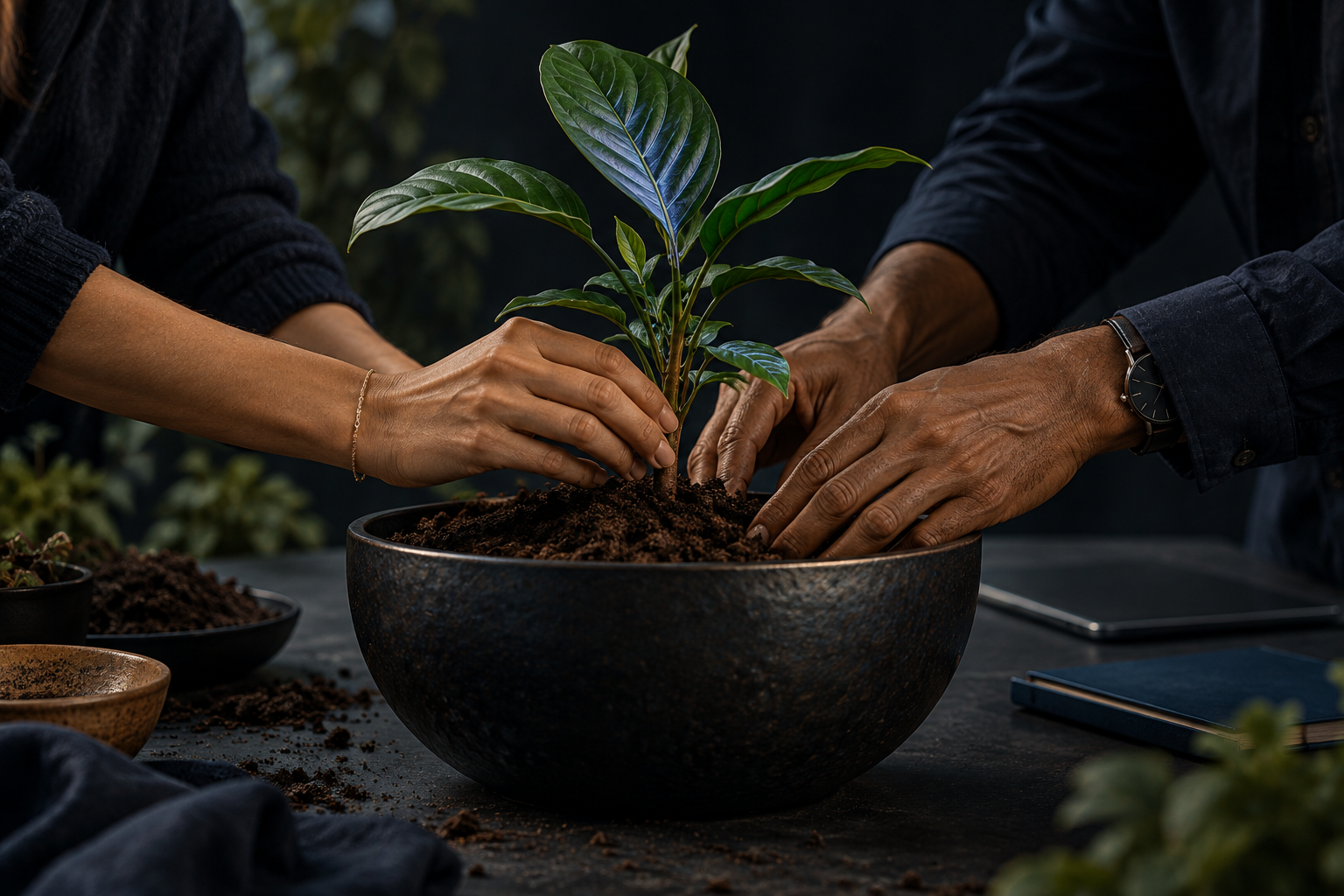 Hands tending a young plant together, an illustration of shared growth