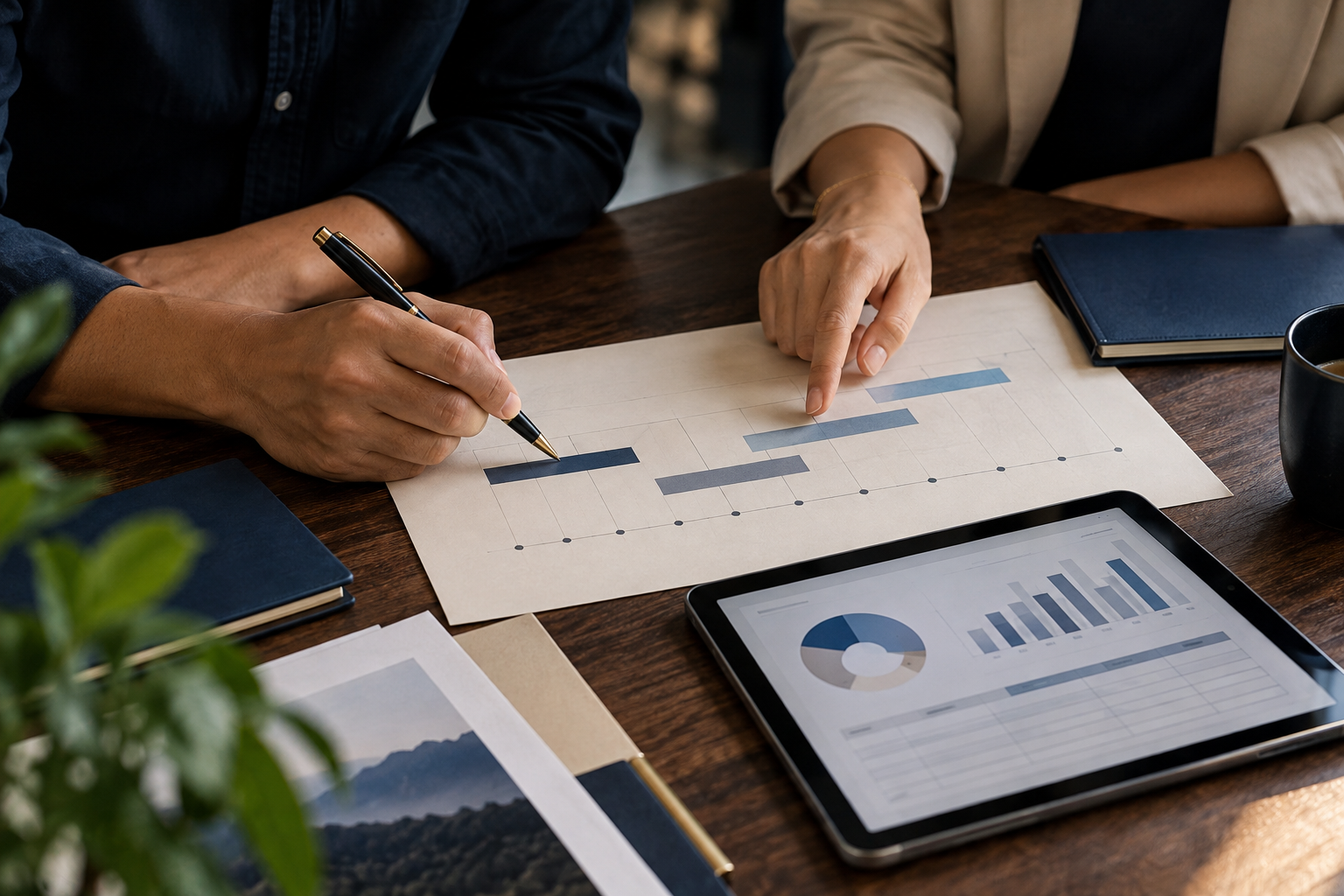 Editorial illustration of colleagues reviewing a marketing plan