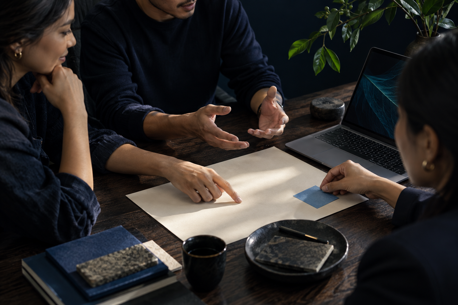Editorial illustration of a team and client shaping direction together